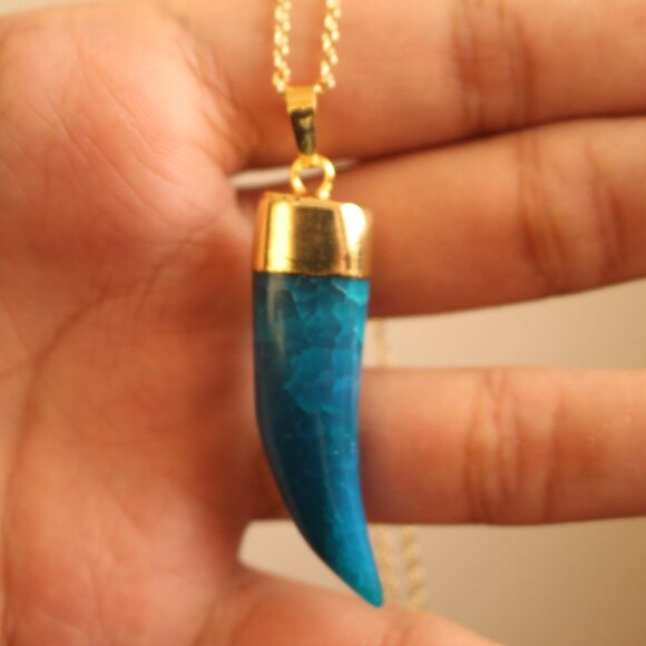 Blue Agate Horn Pendant Necklace – Gold Trim, Bold Statement Piece - Picture 2 of 4